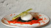 Burrata con crema di peperoni e cialda al basilico